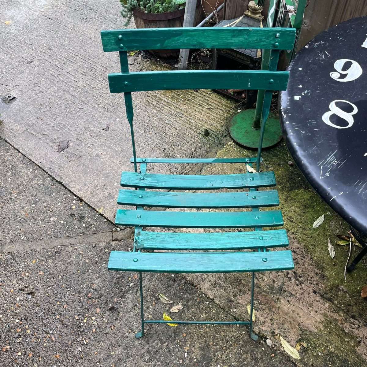 Vintage Pair Green Folding Garden Chairs Slatted Seat And Back