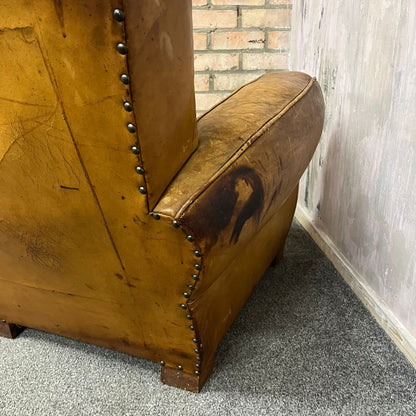 Vintage Rustic Tan Leather Low Armchair Great Patina Studded Back
