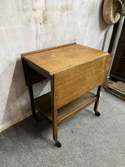 Vintage Oak Tea Trolley Shelf Under On Castors 2 Leafs