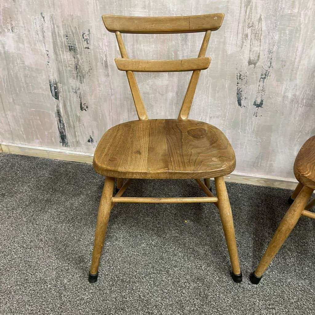 Pair Ercol Mid Century Red Dot Ash &amp; Elm Children’s Chairs Stacking