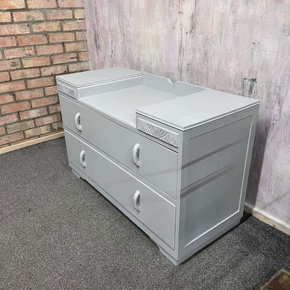 1950s Painted Dark Wood Dressing Table With 2 Drawers Pale Grey