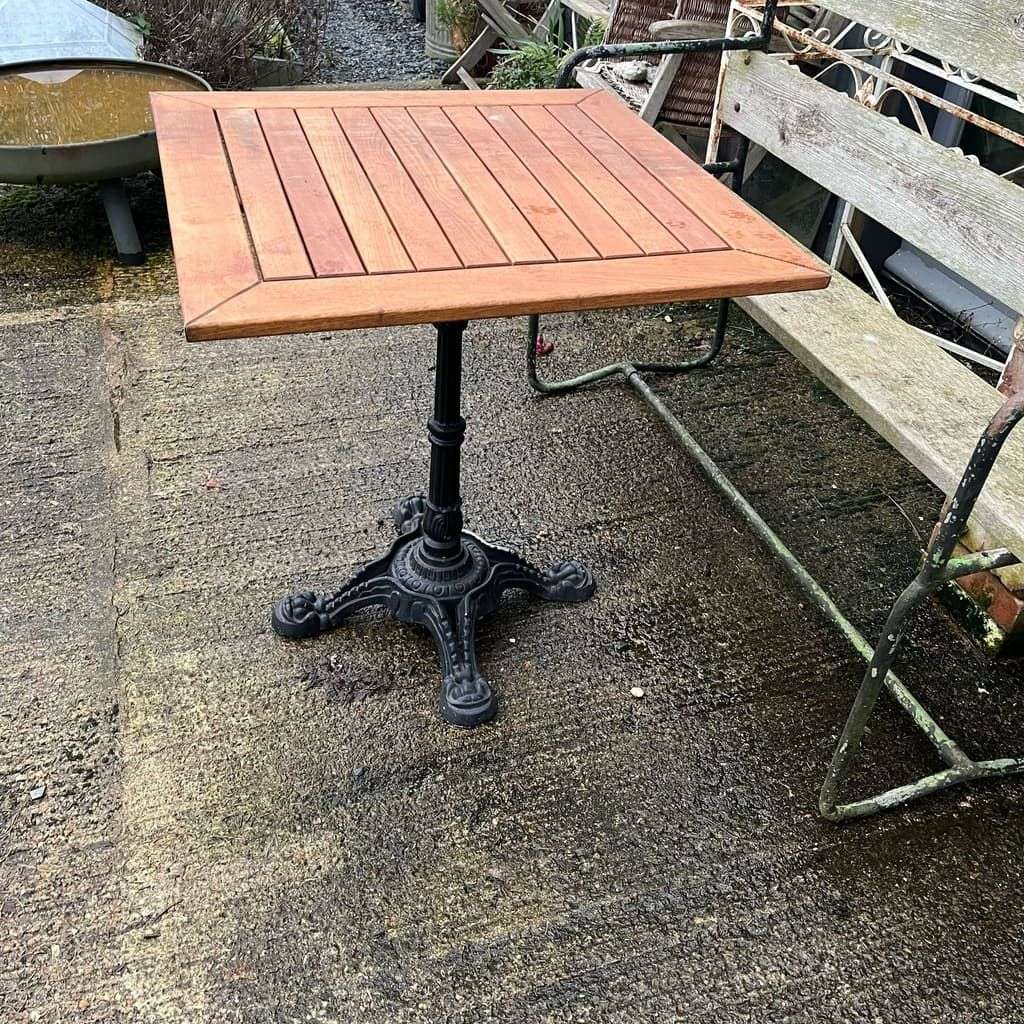 Teak Slatted Top Garden Table Black Wrought Iron Ornate Iron Base