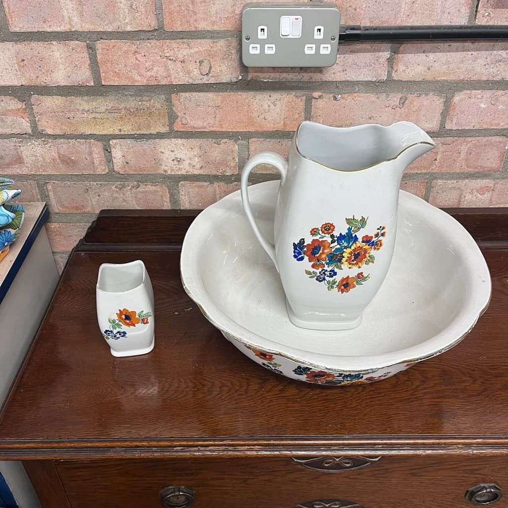 Vintage Rubian Art Pottery Jug Bowl &amp; Pot Orange Floral Design