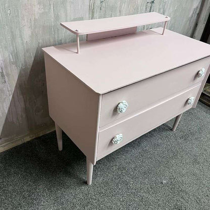 Vintage Painted Pink Retro Small Dressing Table 2 Drawers Top Shelf