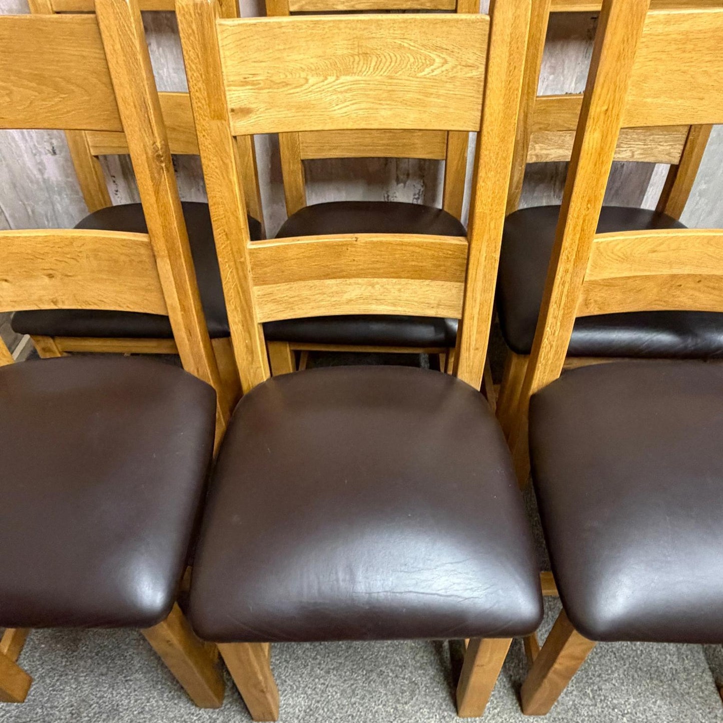 6 Solid Wood Dining Chairs Seats Brown Faux Leather Ladder Back