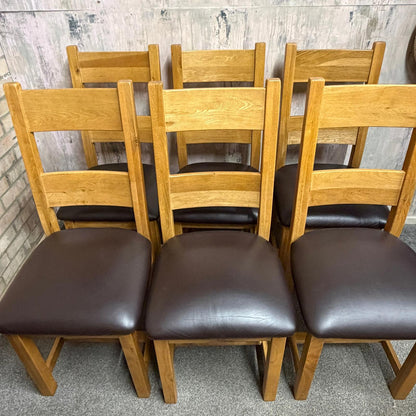 6 Solid Wood Dining Chairs Seats Brown Faux Leather Ladder Back