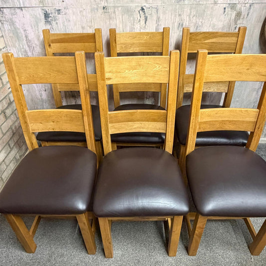6 Solid Wood Dining Chairs Seats Brown Faux Leather Ladder Back