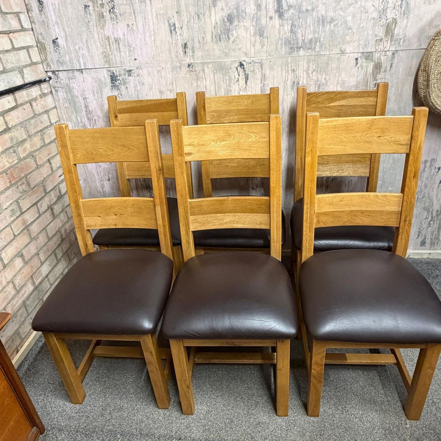 6 Solid Wood Dining Chairs Seats Brown Faux Leather Ladder Back