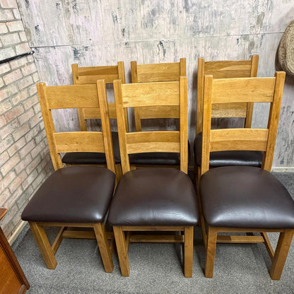 6 Solid Wood Dining Chairs Seats Brown Faux Leather Ladder Back