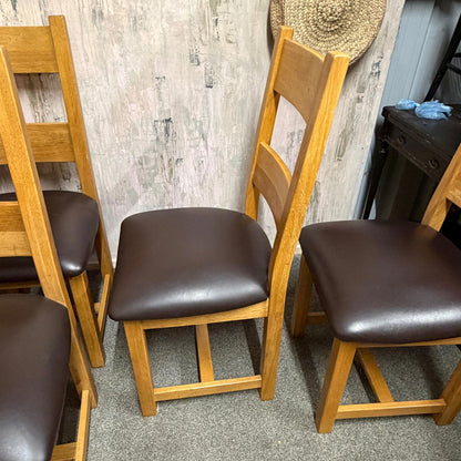 6 Solid Wood Dining Chairs Seats Brown Faux Leather Ladder Back