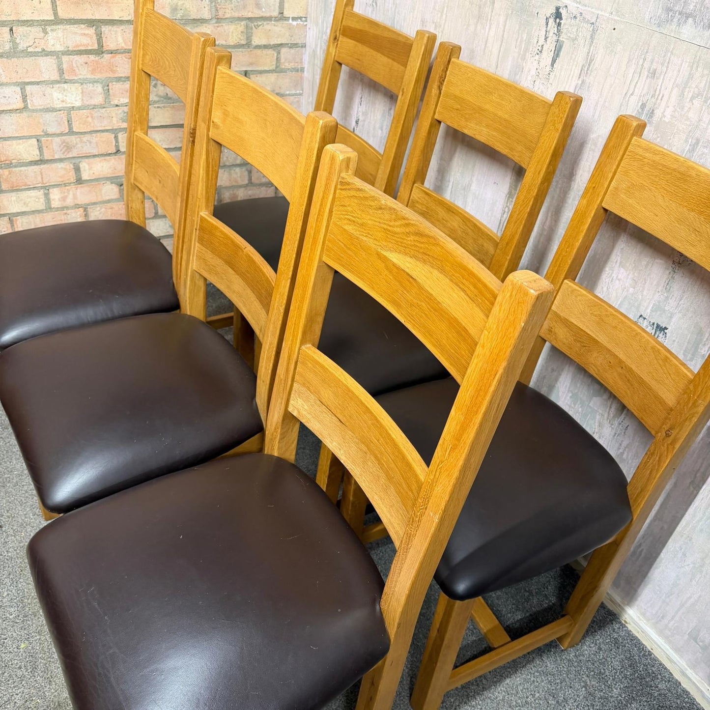 6 Solid Wood Dining Chairs Seats Brown Faux Leather Ladder Back