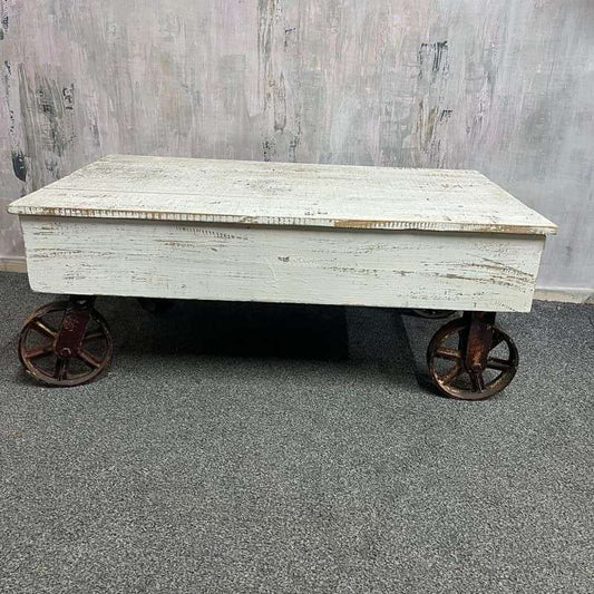 Vintage French Style Wooden Coffee Table Metal Industrial Wheels Painted White