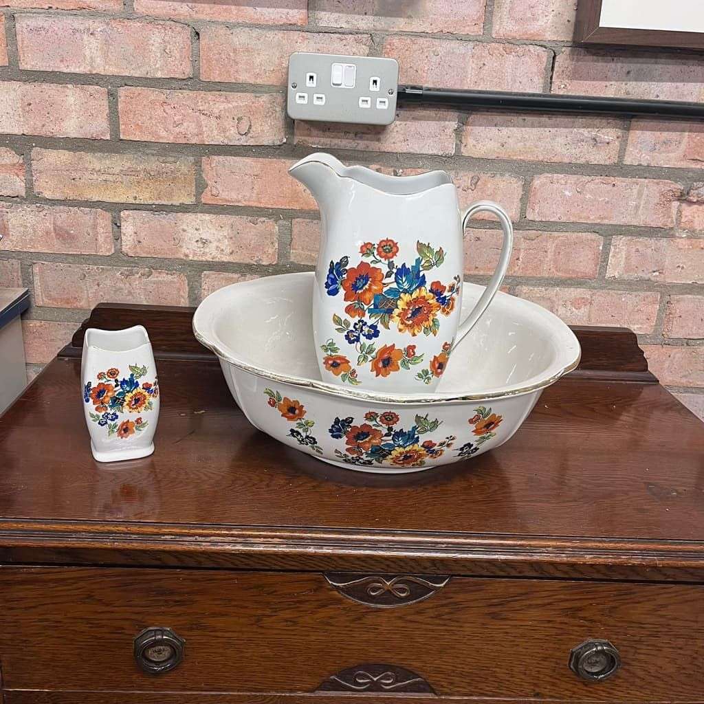 Vintage Rubian Art Pottery Jug Bowl &amp; Pot Orange Floral Design