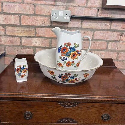 Vintage Rubian Art Pottery Jug Bowl &amp; Pot Orange Floral Design