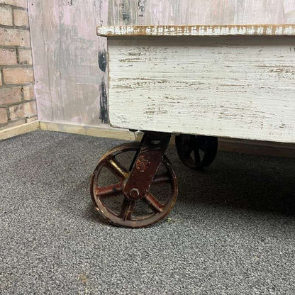 Vintage French Style Wooden Coffee Table Metal Industrial Wheels Painted White