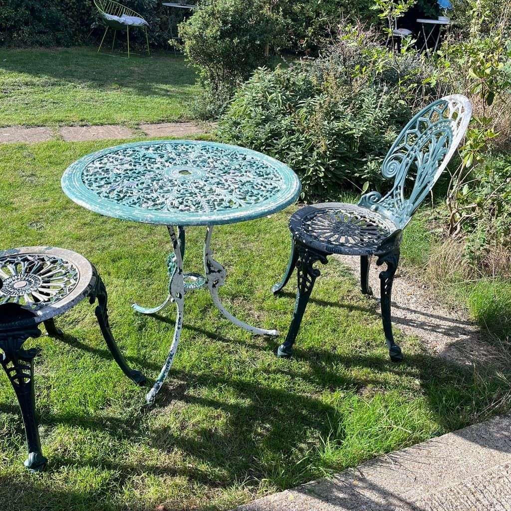 Painted Garden Table &amp; 2 Chairs Great Patina Peeling Paint Solid