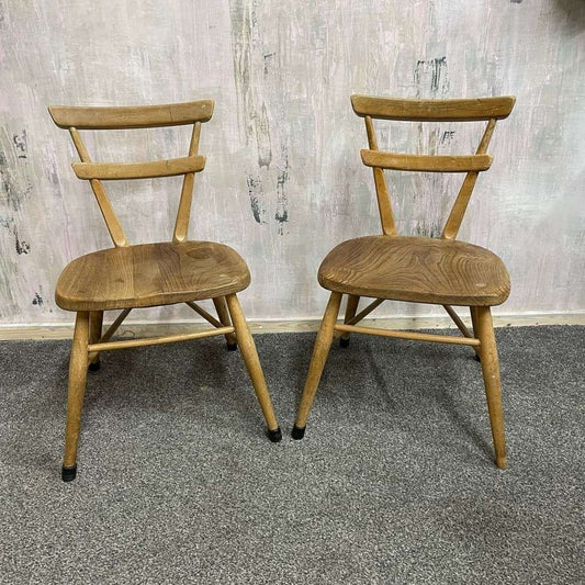 Pair Ercol Mid Century Red Dot Ash &amp; Elm Children’s Chairs Stacking