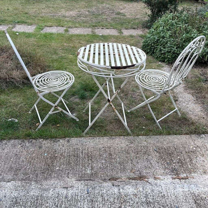 Vintage Style White Cream Metal Garden Patio Set 2 Chairs Round Table Folding