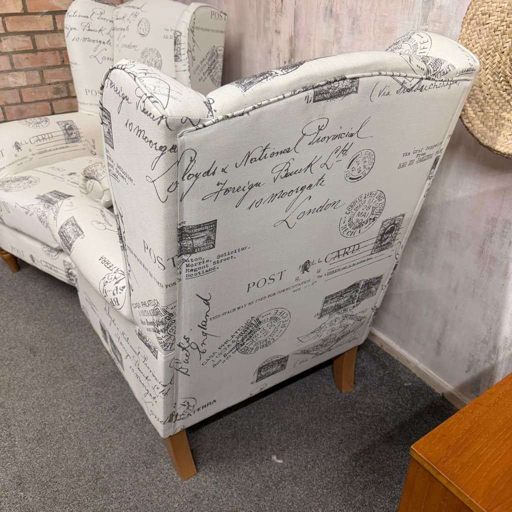 Pair Modern Upholstered Wingback Armchairs Scrolled Arms Postcard Fabric Design