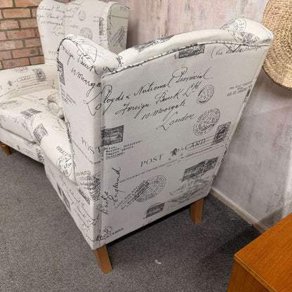 Pair Modern Upholstered Wingback Armchairs Scrolled Arms Postcard Fabric Design