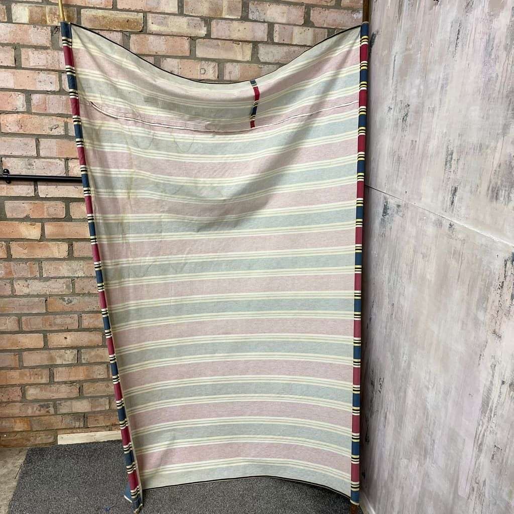 Vintage Retro Homemade Sun Screen Wood &amp; Bamboo Pole Faded Striped Fabric