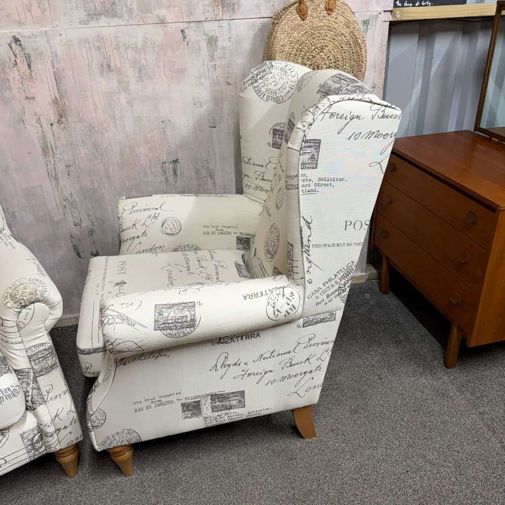 Pair Modern Upholstered Wingback Armchairs Scrolled Arms Postcard Fabric Design