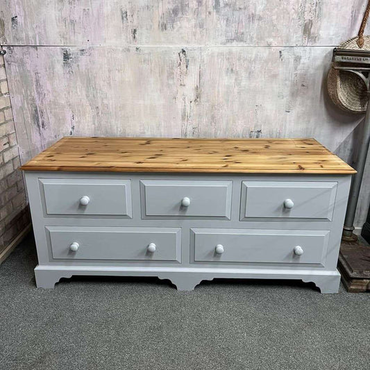 Modern Painted Long Pine Sideboard 5 Drawers Pale Grey Sanded Top Knob Handles