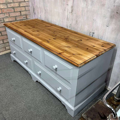 Modern Painted Long Pine Sideboard 5 Drawers Pale Grey Sanded Top Knob Handles