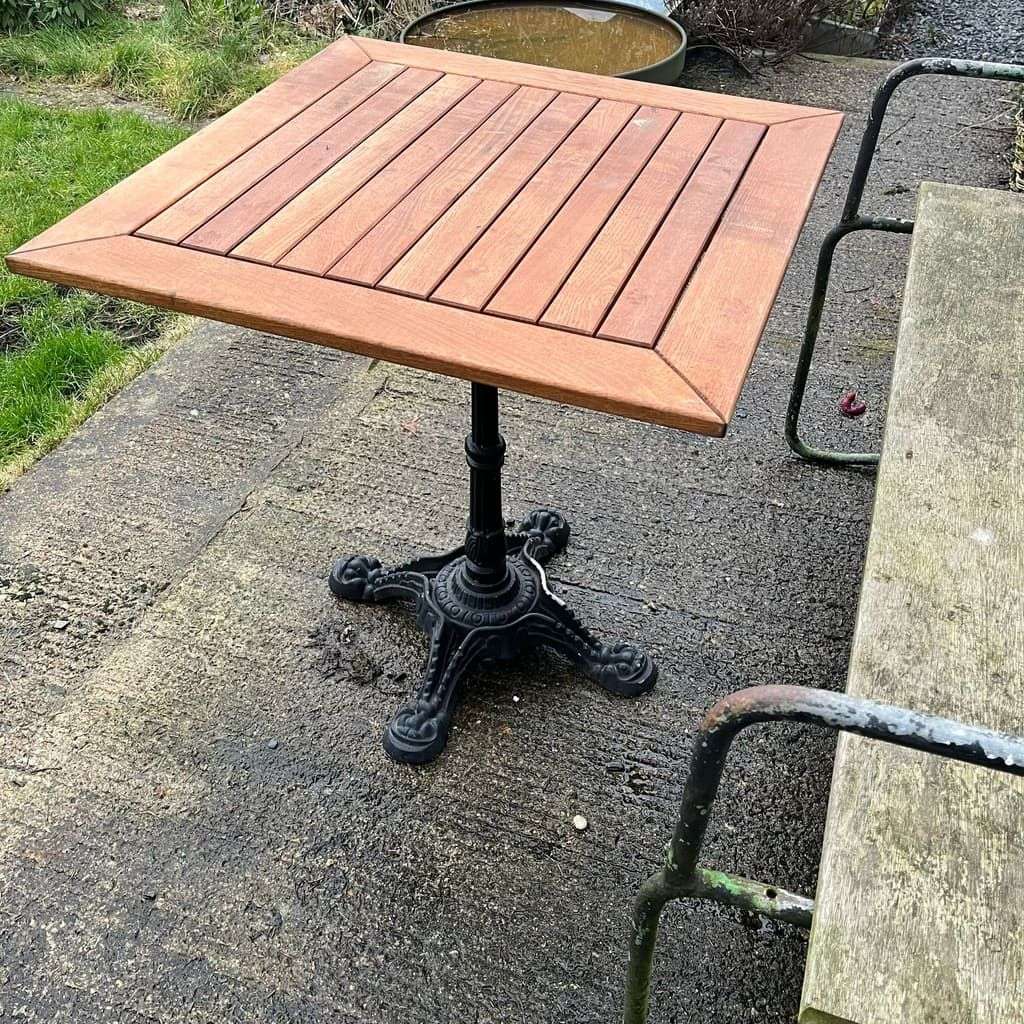 Teak Slatted Top Garden Table Black Wrought Iron Ornate Iron Base