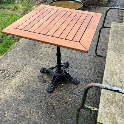 Teak Slatted Top Garden Table Black Wrought Iron Ornate Iron Base