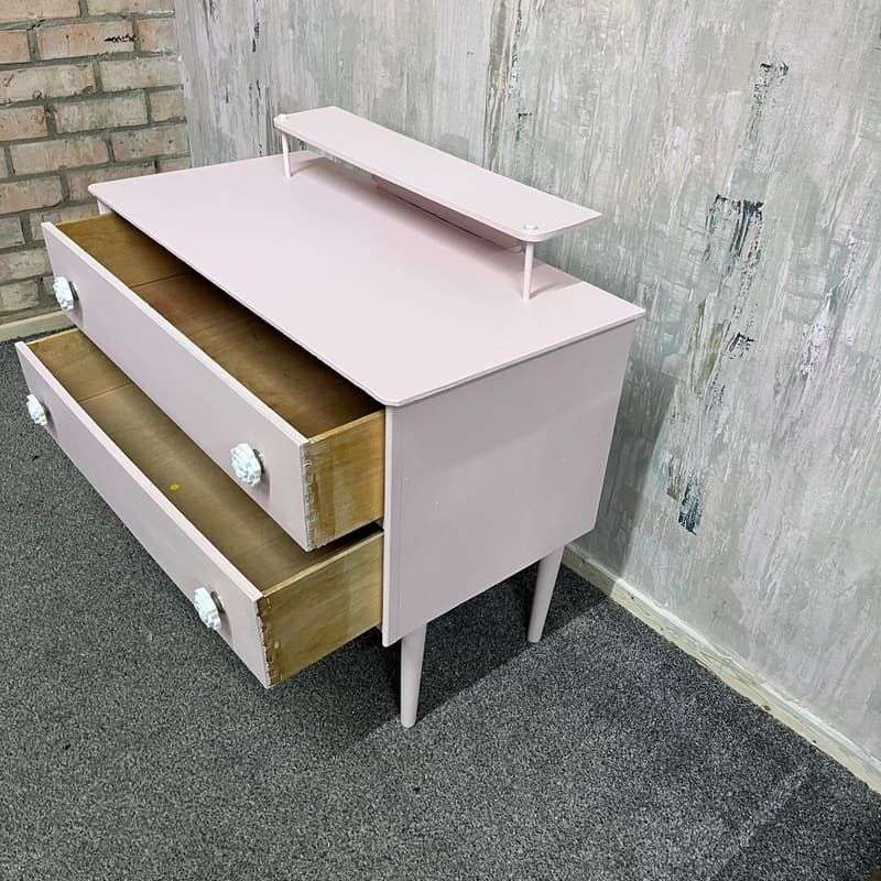 Vintage Painted Pink Retro Small Dressing Table 2 Drawers Top Shelf