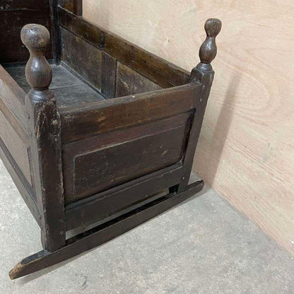 Antique Victorian Dark Oak Rocking Crib Gothic Style Finials