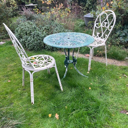 Vintage Metal Garden Table &amp; 2 Chairs Ornate Seats Patio