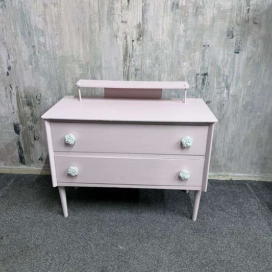 Vintage Painted Pink Retro Small Dressing Table 2 Drawers Top Shelf