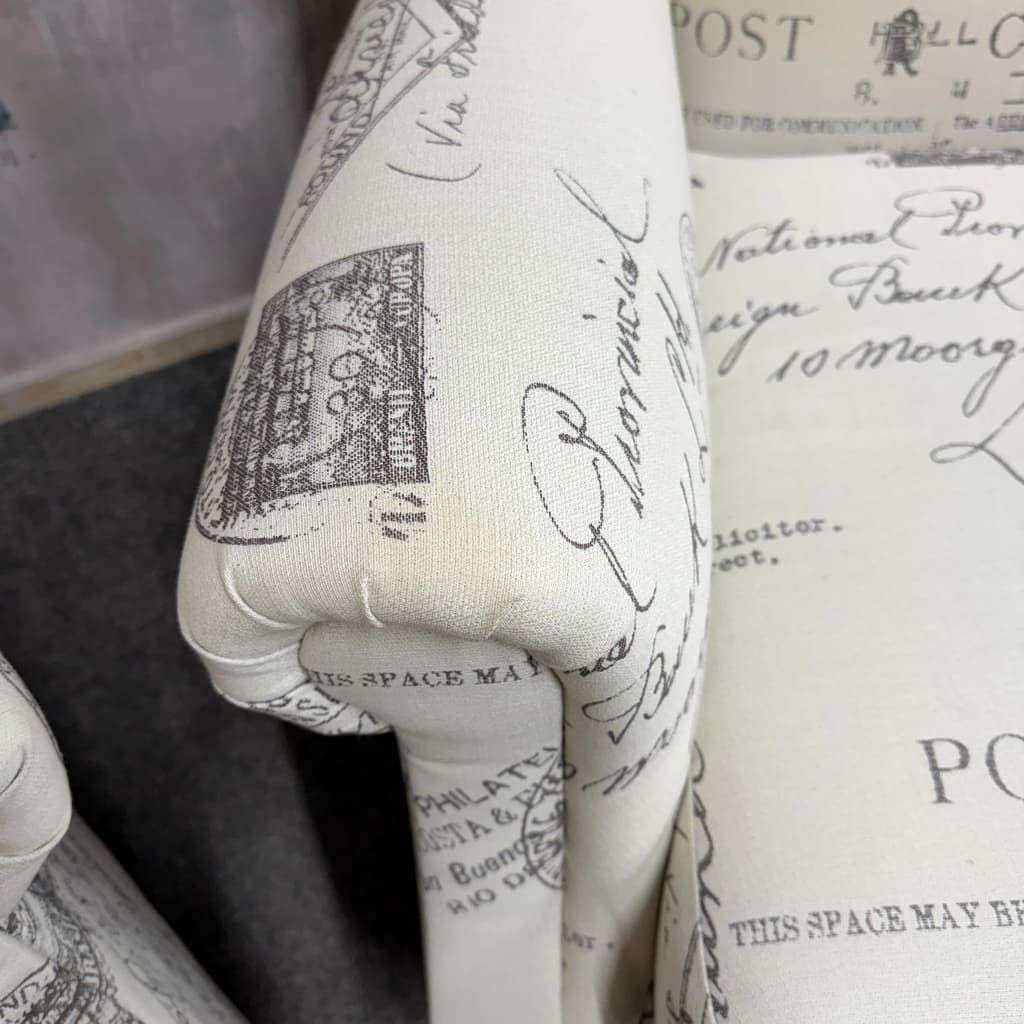 Pair Modern Upholstered Wingback Armchairs Scrolled Arms Postcard Fabric Design