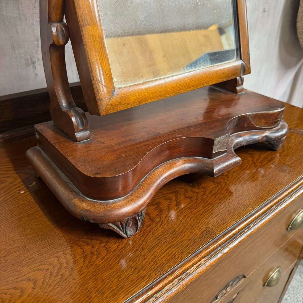 Vintage Dark Wood Swing Mirror Ornate Carving Scrolled Arms Knob Adjusters