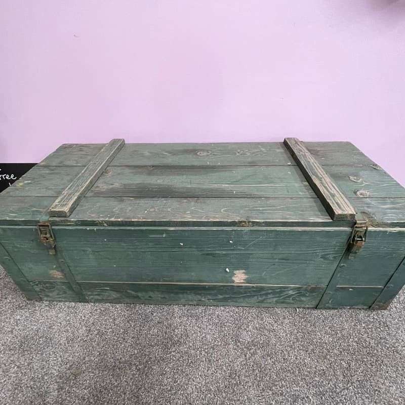 Vintage Large Wooden Trunk Toolbox Hinged Lid with Catches Coffee Side Table