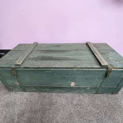 Vintage Large Wooden Trunk Toolbox Hinged Lid with Catches Coffee Side Table
