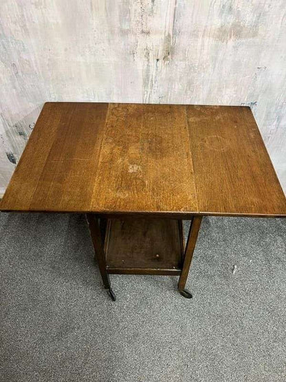 Vintage Oak Tea Trolley Shelf Under On Castors 2 Leafs