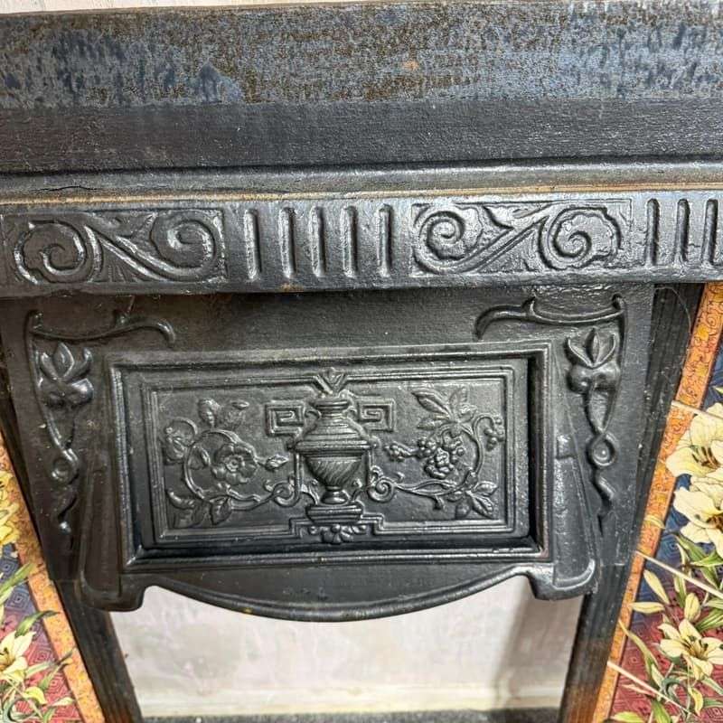 Vintage Cast Iron Tiled Fire Surround Floral Pattern Ornate Design Heavy