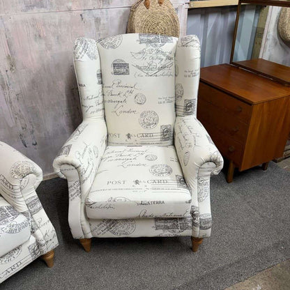 Pair Modern Upholstered Wingback Armchairs Scrolled Arms Postcard Fabric Design