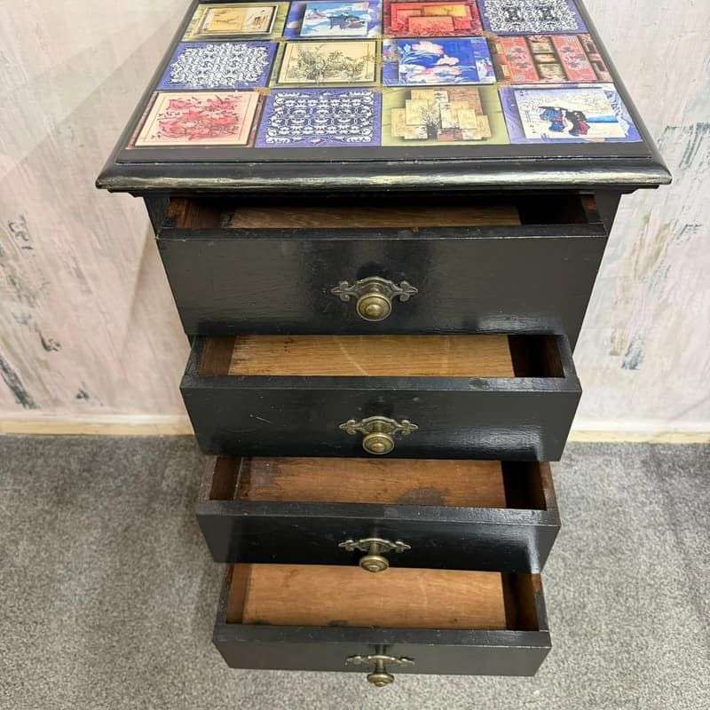Black Painted 4 Drawer Night Stand Decoupage Top And Sides Cabriole Legs