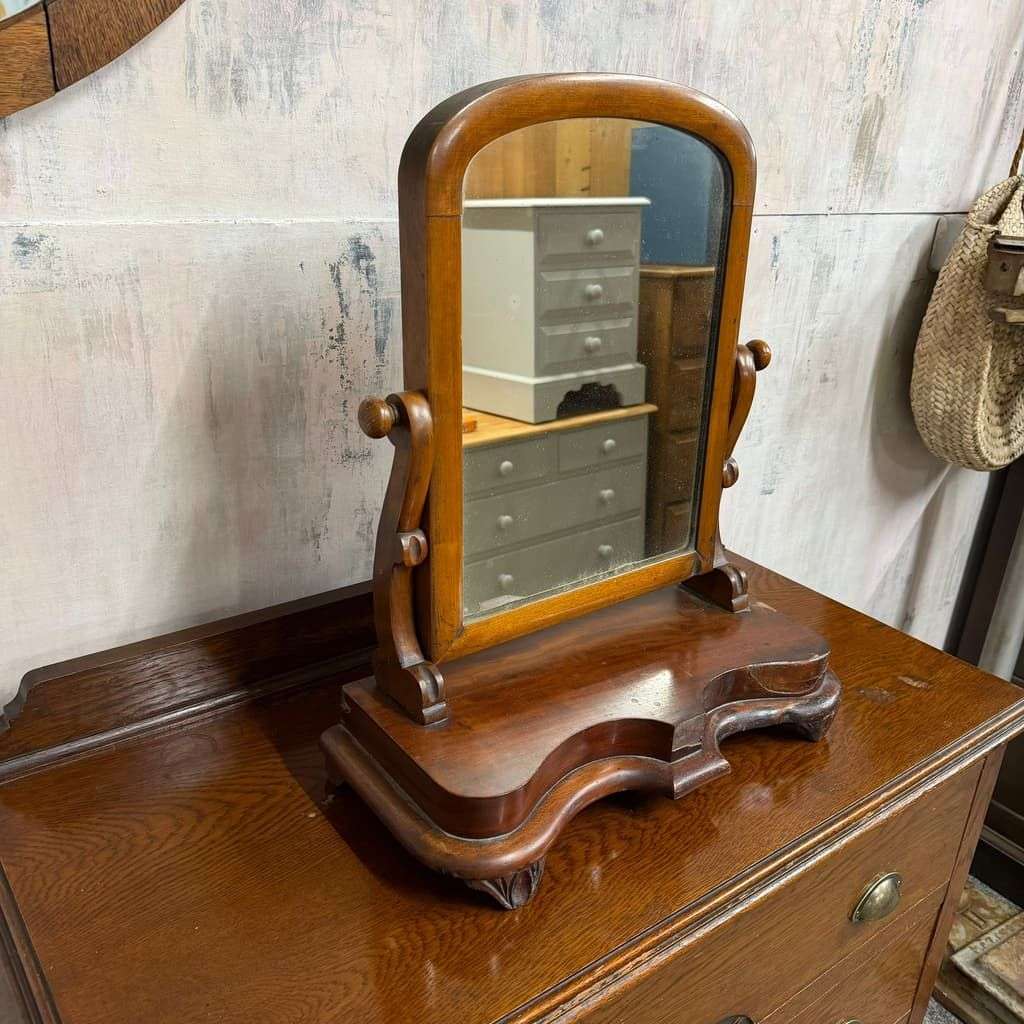 Vintage Dark Wood Swing Mirror Ornate Carving Scrolled Arms Knob Adjusters