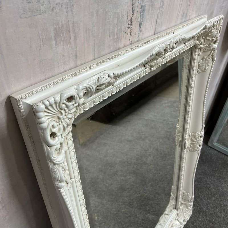 White Ornate Rectangular Framed Mirror Bevelled Edge As Found