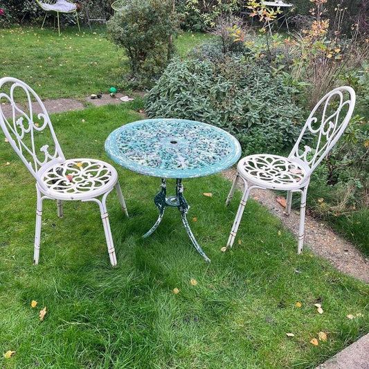 Vintage Metal Garden Table &amp; 2 Chairs Ornate Seats Patio
