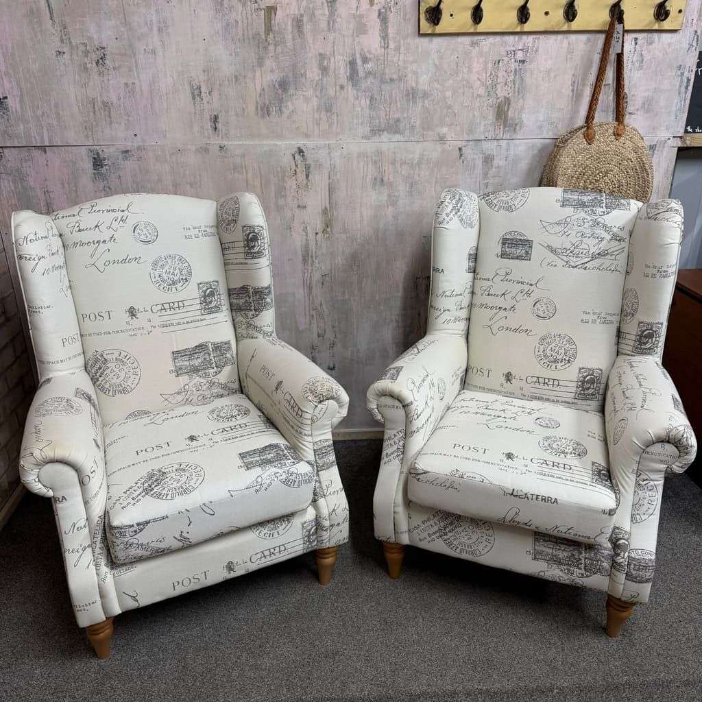 Pair Modern Upholstered Wingback Armchairs Scrolled Arms Postcard Fabric Design