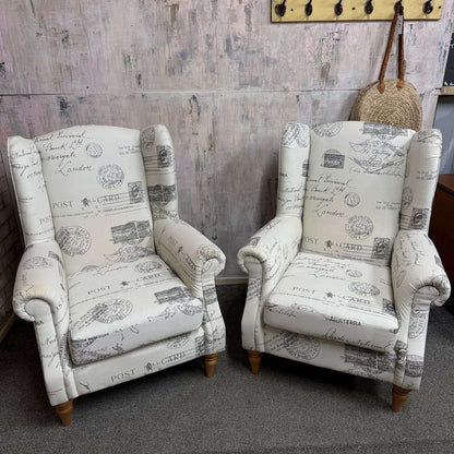 Pair Modern Upholstered Wingback Armchairs Scrolled Arms Postcard Fabric Design