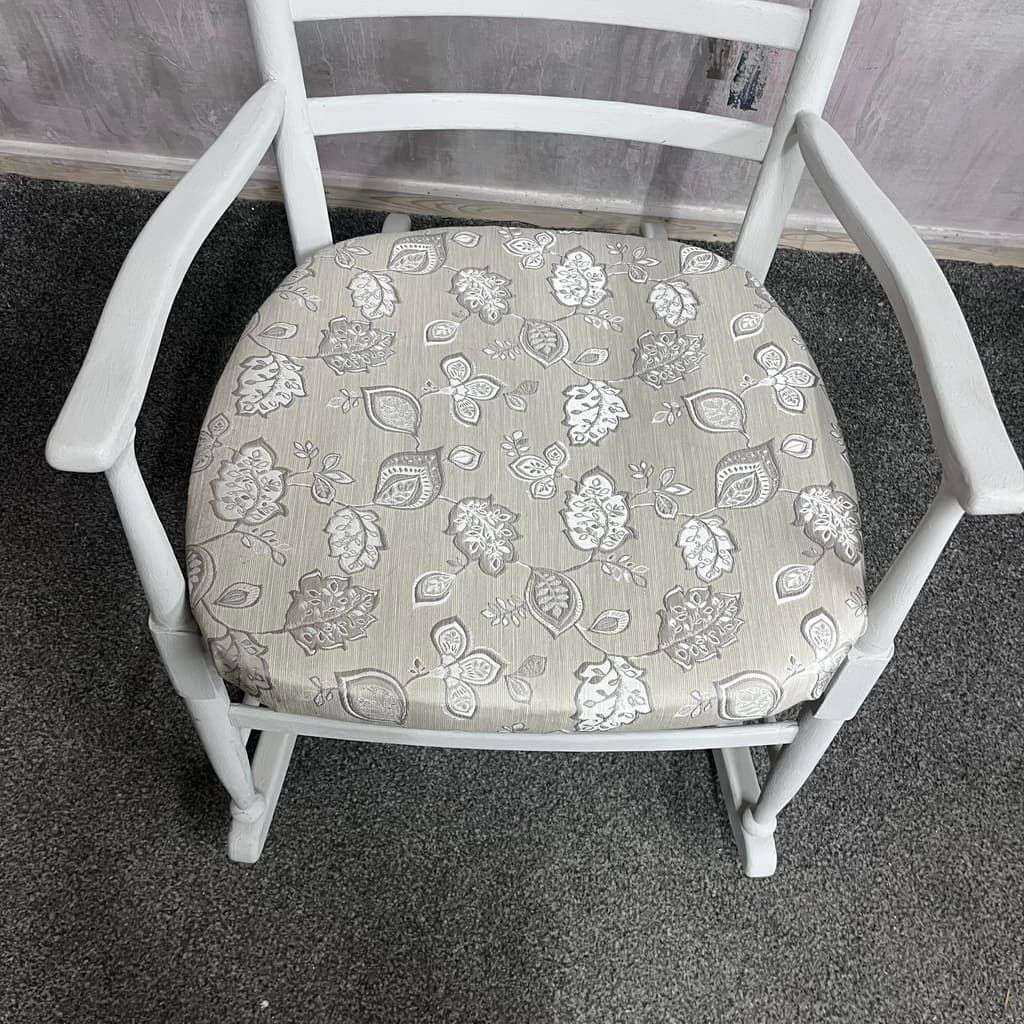 Vintage Wooden Rocking Chair Painted White Upholstered Seat Ladder Back