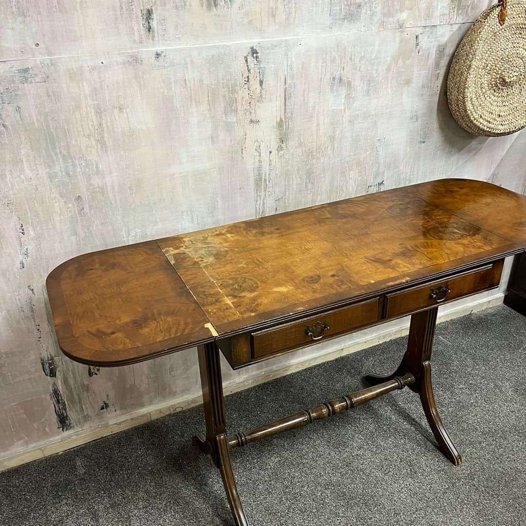 Antique Walnut Side Console Table Drop Leaf Two Drawers Desk