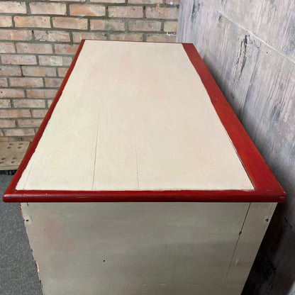 Large Victorian Chest 2 Over 3 Drawers Painted Salmon & Red Ornate Ball Feet